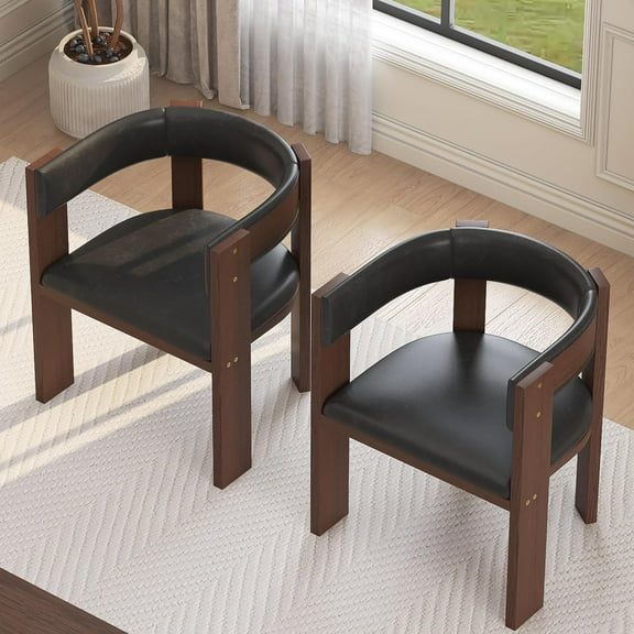 Set of 2 Mid Century Modern Dining Chairs with PU Leather Upholstery, Curved Backrest & Rubber Wood Frame