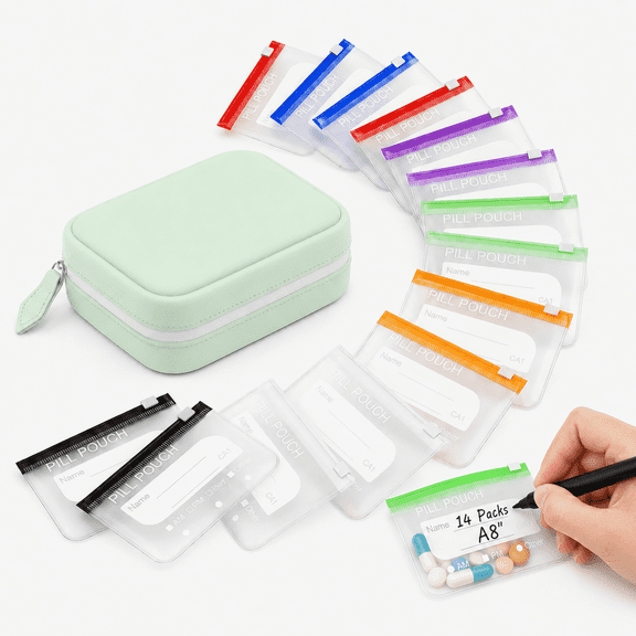 Medication Organizer Travel Case with 14 Color-Coded Reusable A8 Pill Pouches, Water-Resistant Large Weekly Pill Organizer for Purse, Vitamins, Fish Oil and Supplements