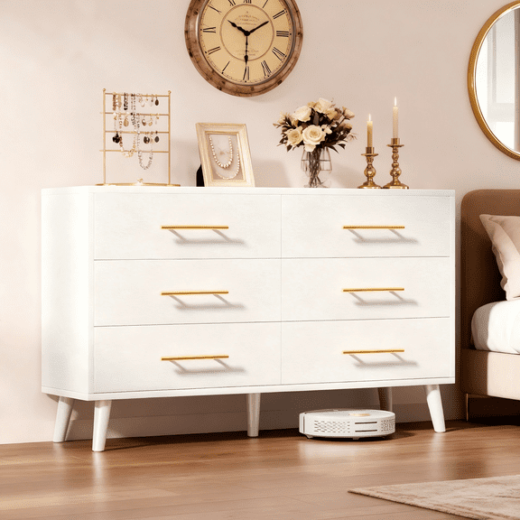 Dresser for Bedroom, Lofka 6 Double Drawers Dresser Gold Metal Handle, Deep Drawers, Smooth Metal Rail, 2-in-1 Tv Stand, White