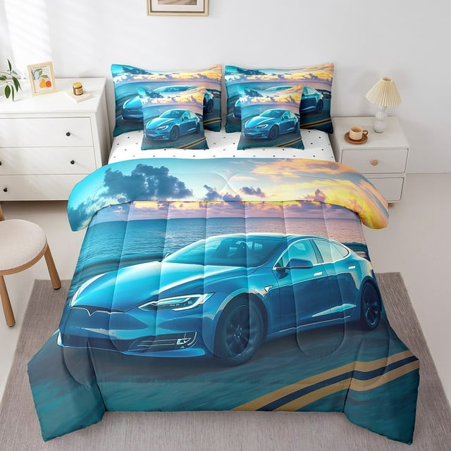 YST Boys Car Bedding Comforter Set, 7-Piece, Racing Theme, Auto Vehicles, Bed in a Bag, Queen