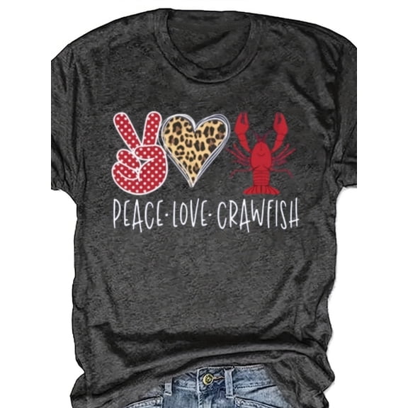 Peace Love Crawfish Graphic T-Shirt, Funny Southern Seafood Boil Tee, Leopard Heart Polka Dot V-Sign Design, Casual Unisex Summer Top