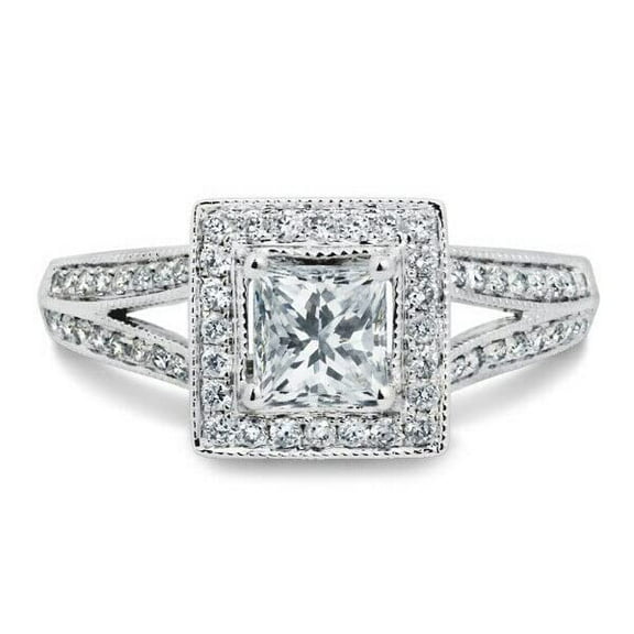 HeartsAndYou 2.7ct Princess Cut Moissanite Milgrain Split Shank Halo Ring 18k White Gold over Silver