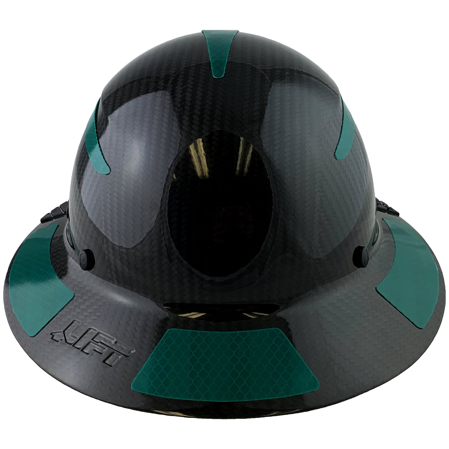 Lift Safety Helmet -  Actual Carbon Fiber Full Brim Hard Hat - Glossy Black with Green Reflective Decals with Hard Hat Tote Bag