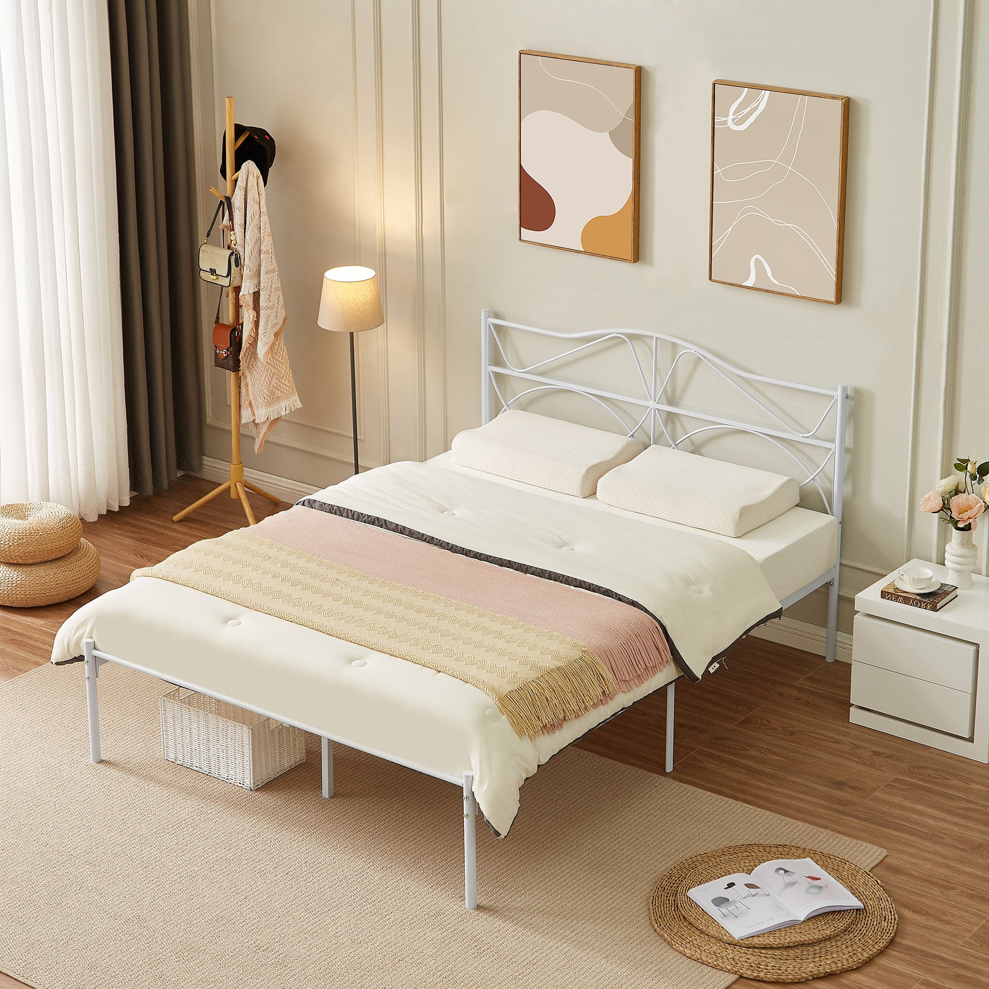 VECELO Full Size Metal Platform Bed Frame with Headboard, Heavy Duty Steel Slats Support/No Box Spring Needed, White