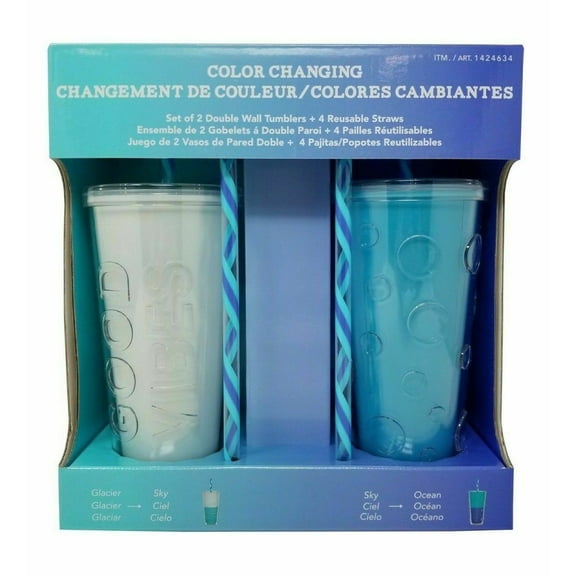 PARKER LANE Color Changing Double Wall Tumblers Set of 2 Glacier Sky / Sky Ocean 22 Oz.