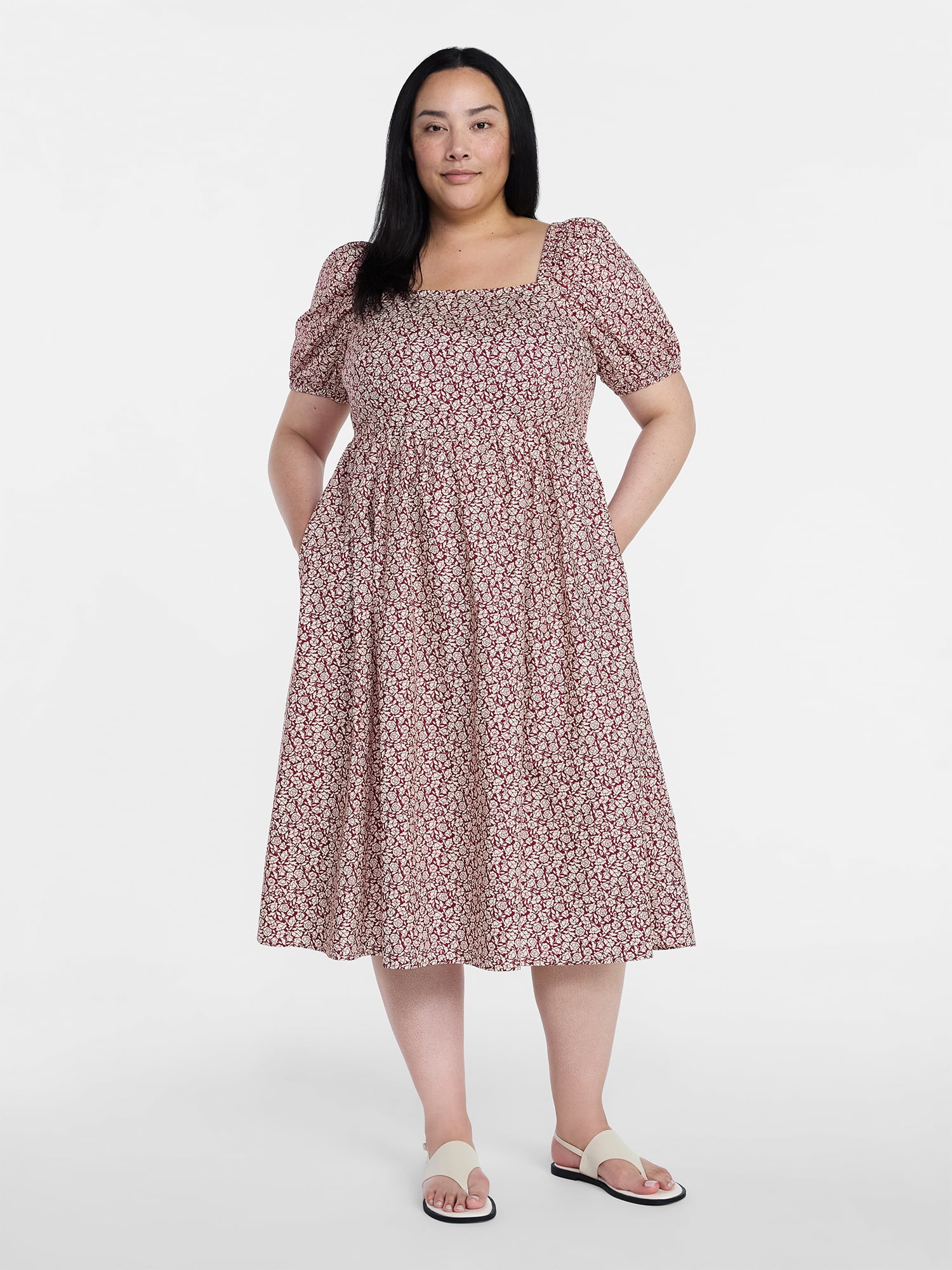 Time and Tru Women's and Women's Plus Cotton Back Tie Midi Dress with Short Puff Sleeves, Sizes XS-4X