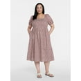 thumbnail image 3 of Time and Tru Women's and Women's Plus Cotton Back Tie Midi Dress with Short Puff Sleeves, Sizes XS-4X, 3 of 5