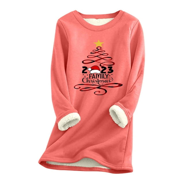 LSLJS Hauts Thermiques pour Femmes, Hauts à Manches Longues Chauds en Peluche Épaissie à Col Rond avec Imprimé de Noël pour Femmes