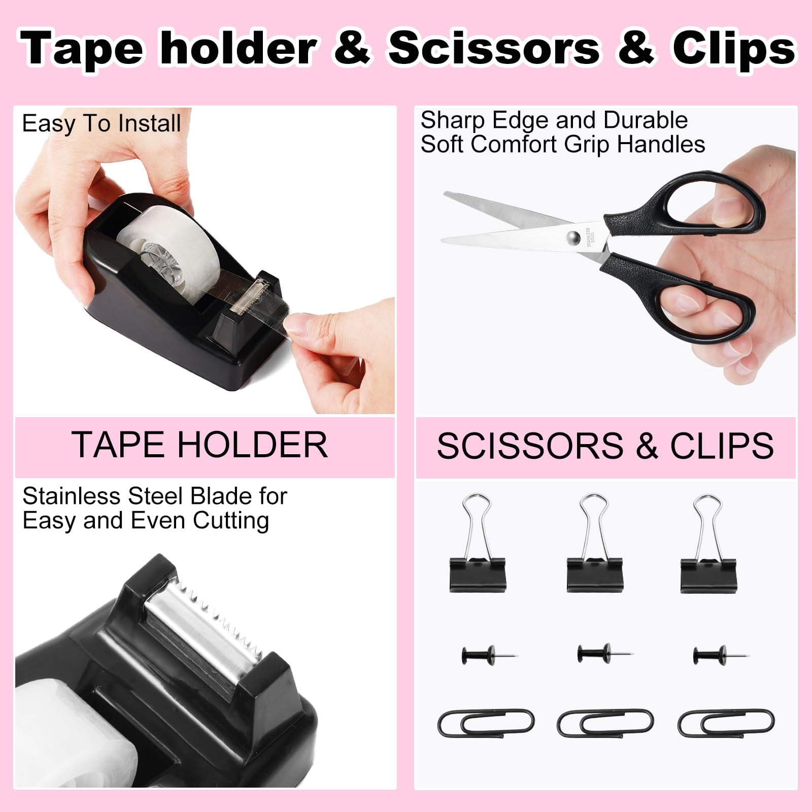 Black Desk Organizers And Accessories Set With 360-degree Rotating Pen Holder  Tape Dispenser Stapler Staple Remover 1000 Staples Clips Ruler Scissor
