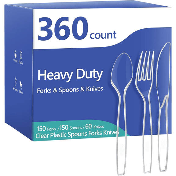 360 Count Plastic Silverware Heavy Duty - Forks, Spoons, Knives, BPA-Free, Disposable Utensils Set, Plastic Cutlery Set, Plasticware for Wedding Party
