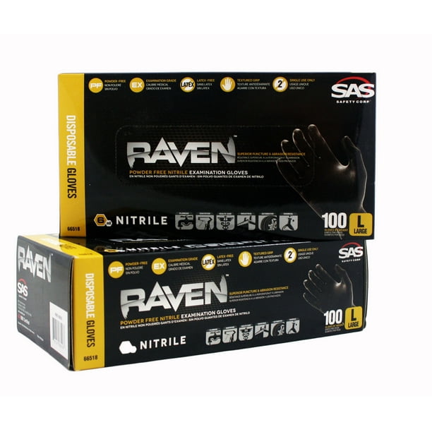 SAS Safety 66518 Raven PowderFree Black Nitrile 6 Mil Gloves, Large, 2