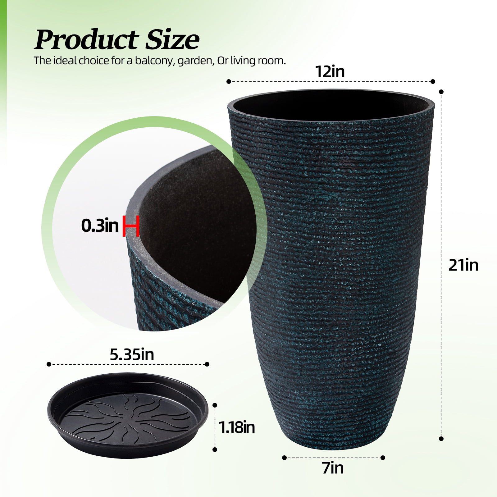 QCQHDU 21 inch Tall Planters with Saucer,2 Pack 9 Gallon Stone Round Pots for Indoor Plants,Outdoor Patio & Porch Decor, Heavy Duty Weatherproof Plant Containers,Blue
