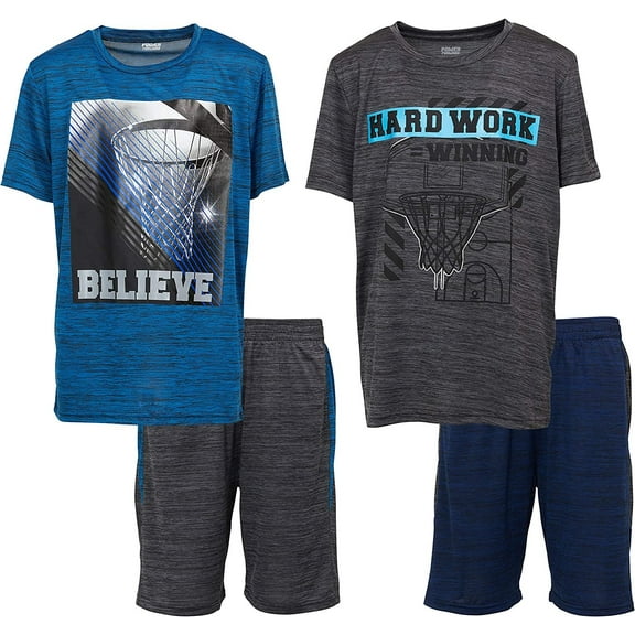 Boys Youth Big Kids Athletic Active Performance Sports 4 Piece Graphic T-Shirt Top and Basketball Short Set
