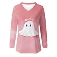 thumbnail image 4 of Feancey Halloween Tops for Women Long Sleeve V Neck T Shirts Holiday Casual Cute Ghost Graphic Tees Cozy Soft Pullovers Pink M, 4 of 5