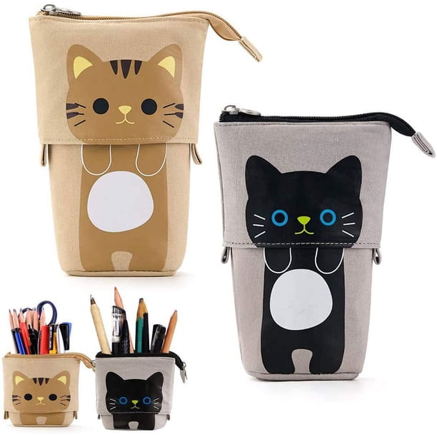 Estuche telescópico para lápices de 2 piezas con bonito gato, estuche para lápices, estuche para lápices, estuche para cosméticos con cierre de cremallera para niños y estudiantes (gris y marrón)