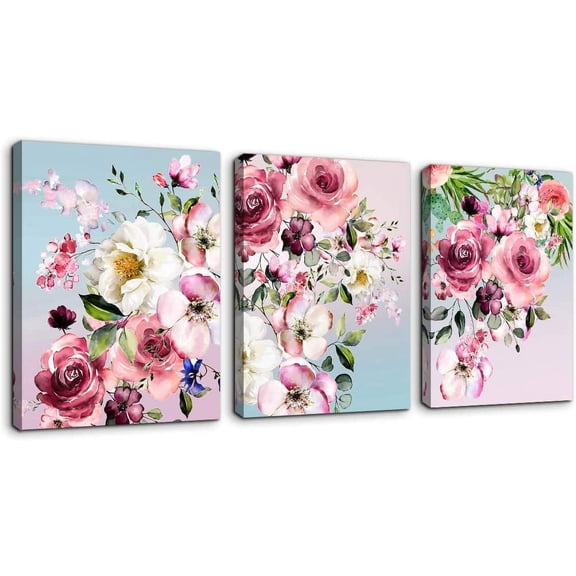 Flower Canvas Wall Art for Bedroom Woman Wall Decor Pink White Flowers Picture 3 Piece Framed Artwork Modern Plant Floral Canvas Prints for Kitchen Home Bathroom Girls Room Wall Decoration 12"x16"
