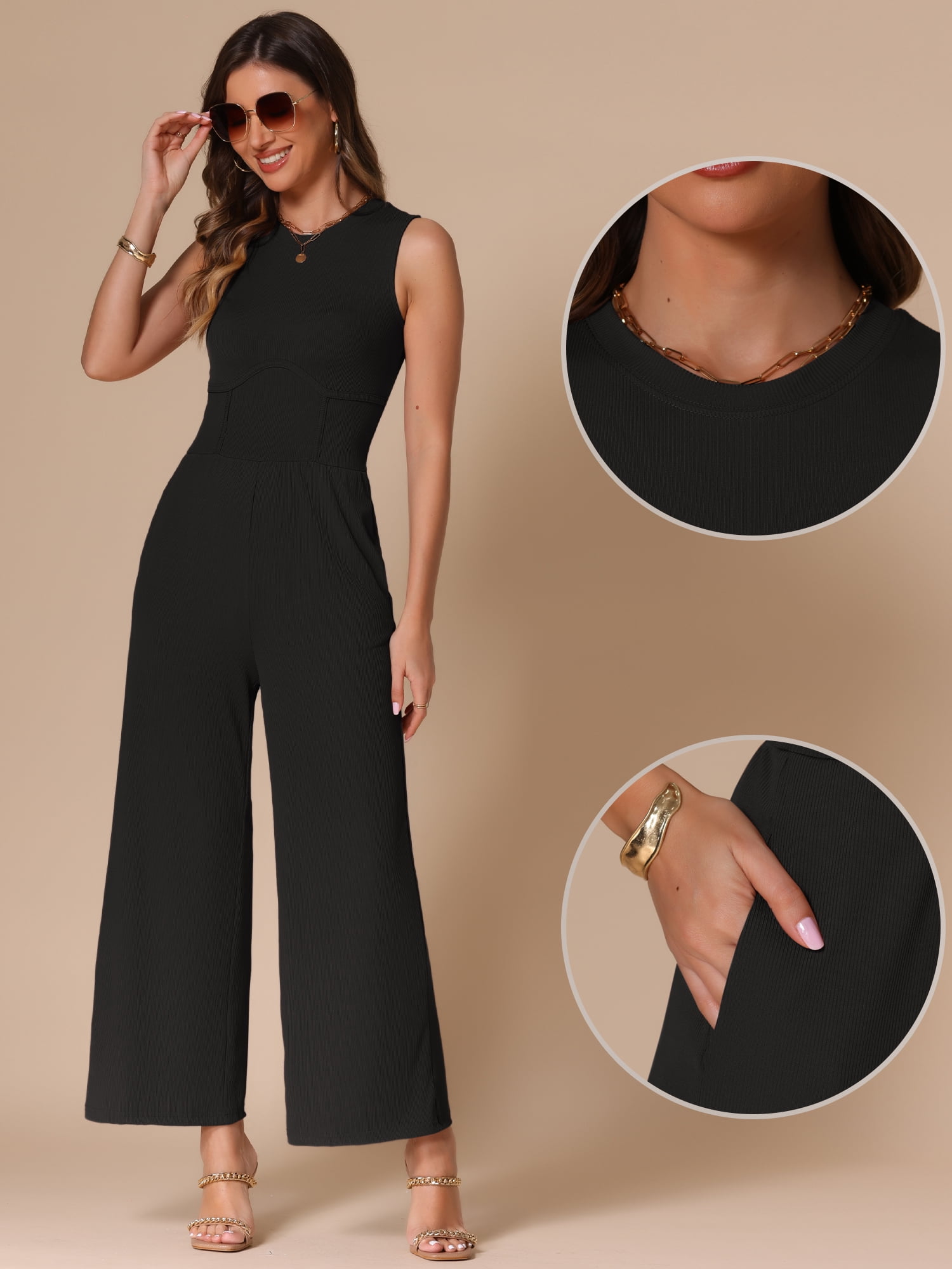 DARING DIVA Women's Casual Sleeveless Crew neck Wide Leg Jumpsuits S Black