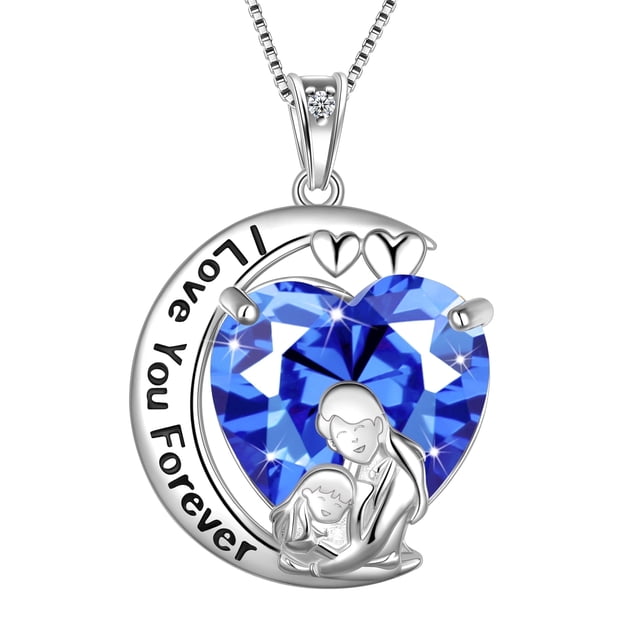 Juwaliy Collar de Luna Corazón Madre Hija Plata de Ley 925 Tanzanita Azul Piedra de Nacimiento de Diciembre Dije Joyería Mujeres Navidad Cumpleaños Idea de Regalo Mother Day