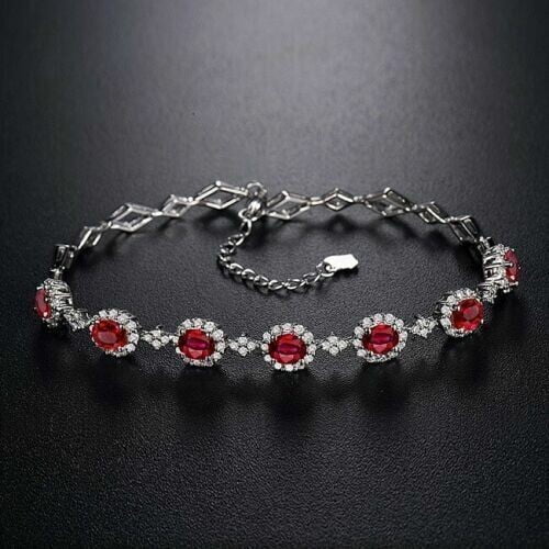 9Ct Oval Cut Lab Created Diamond/ Ruby Bolo Tennis Bracelet 14K White Gold Plated