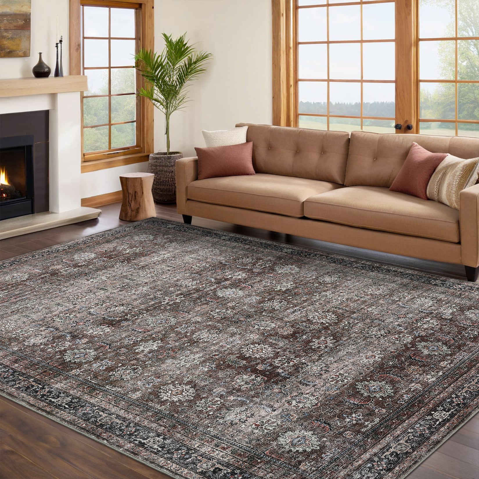 Haperlare 10x13 Vintage Printed Area Rugs Washable Accent Rugs, Non Slip Stain-Resistant Oriental Floor Carpet Farmhouse Low Pile Rugs for Living Room Bedroom Office, Brown