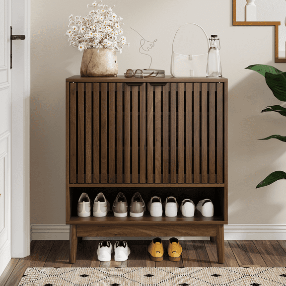 Algherohein Shoe Cabinet with Doors 7-Tier Walnut Adjustable Shelves 20-24 Pair Capacity