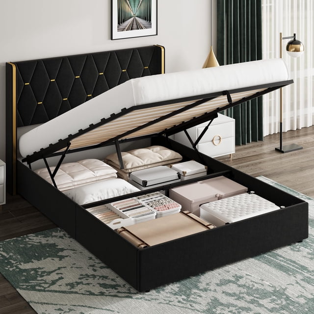 Twister.CK Full Storage Bed with Upholstered Wingback Headboard, Hydraulic Bed Frame, Strong Wood Slats, No Box Spring Needed, Easy Assembly, Black