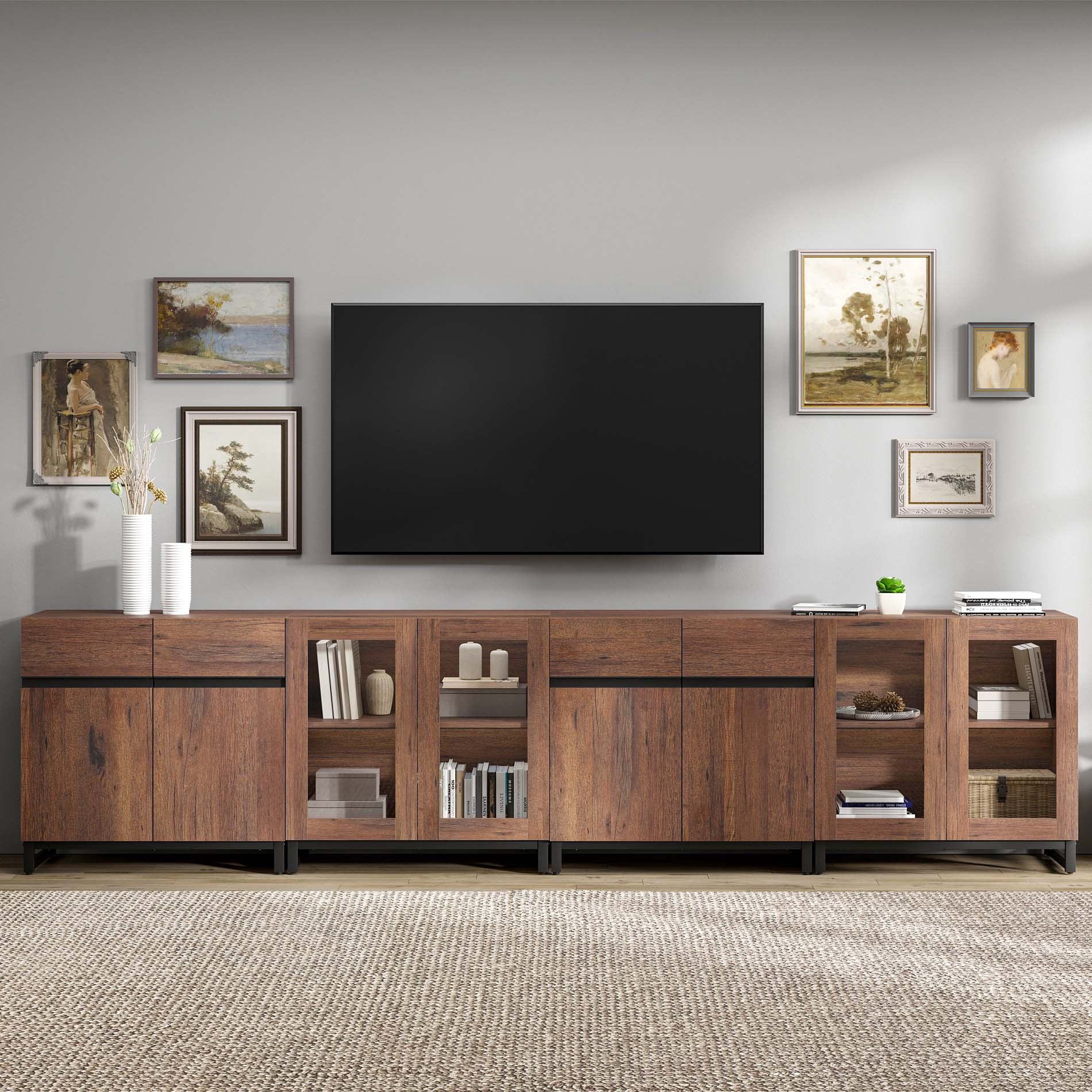 4 In 1 TV Stand For Tvs Up To 120 Inches, Modern Entertainment Center With Glass Doors And Metal Legs, TV Console With Adjustable Shelf,Brown
