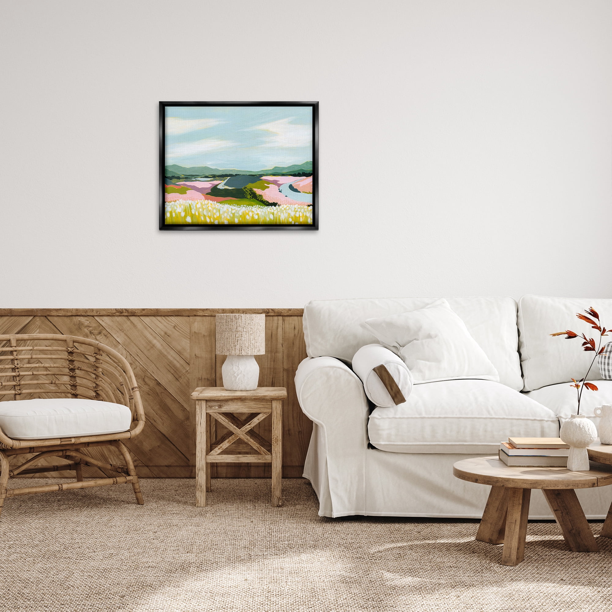 Stupell Industries Modern Mountain Stream Landscape Painting Black Floater Framed Canvas Art Print Wall Art, 31 x 25