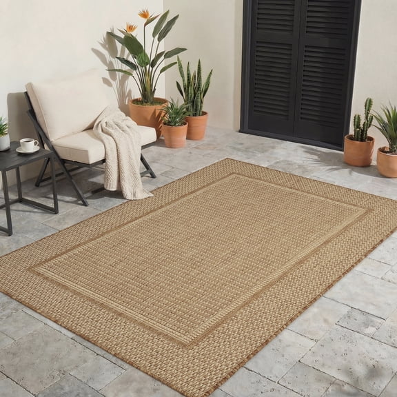 SIXHOME Outdoor Rugs 4'x6' Patio Rug Modern Bordered Indoor Outdoor Rugs Polypropylene Washable Non Shedding, Easy Clean, Waterproof, Durable Outdoor Carpet for Porch Balcony Deck Neutral Brown