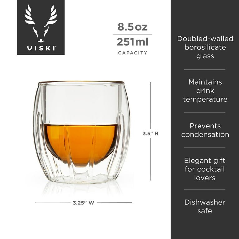Viski Double-Walled Spirits Glasses, Insulated Liquor Tumblers with Cut  Crystal Design, Dishwasher Safe 8.5 Oz, Clear, Set of 2