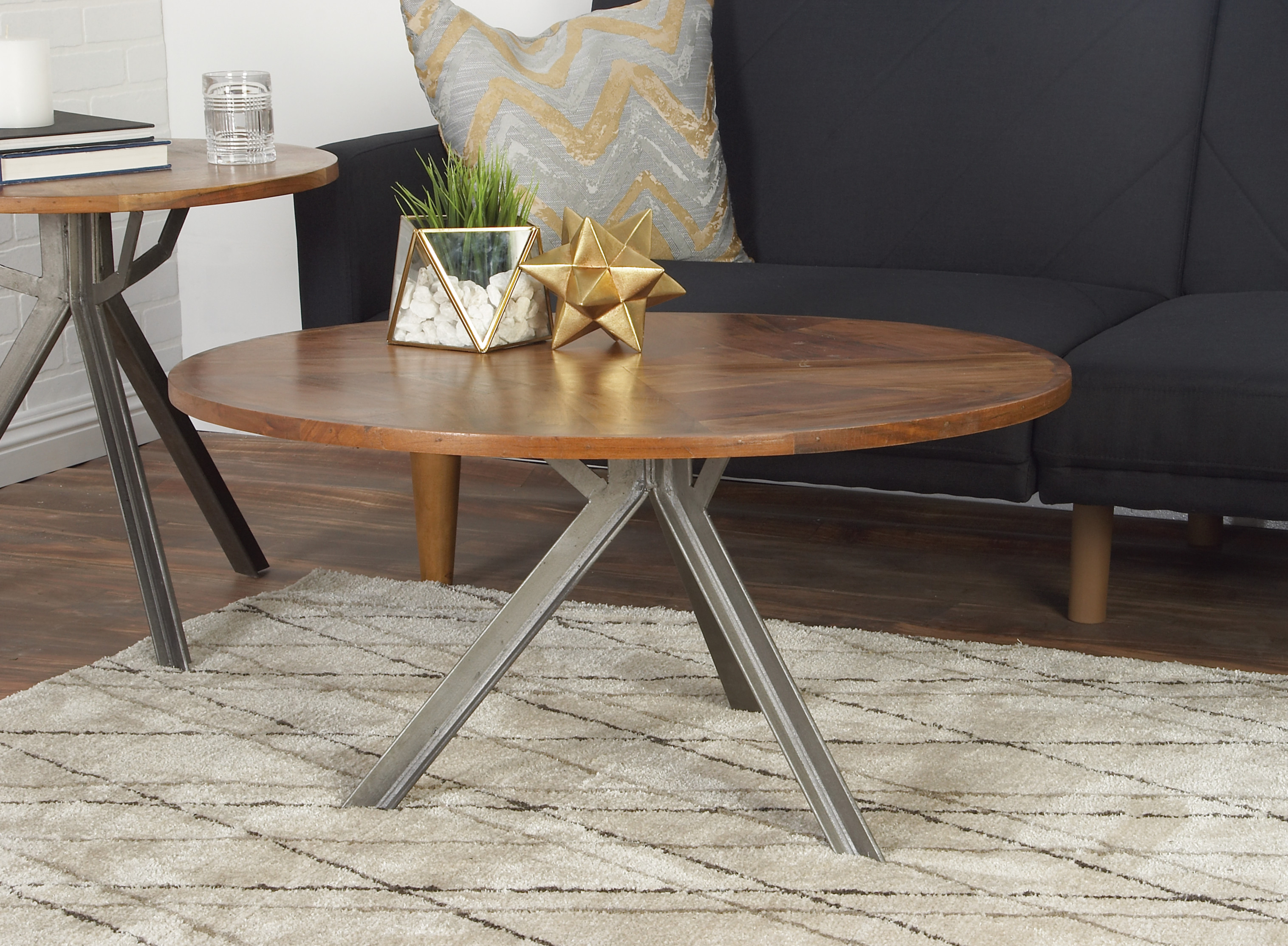 DecMode Industrial Metal and Wood Round Coffee Table, 36" x 17