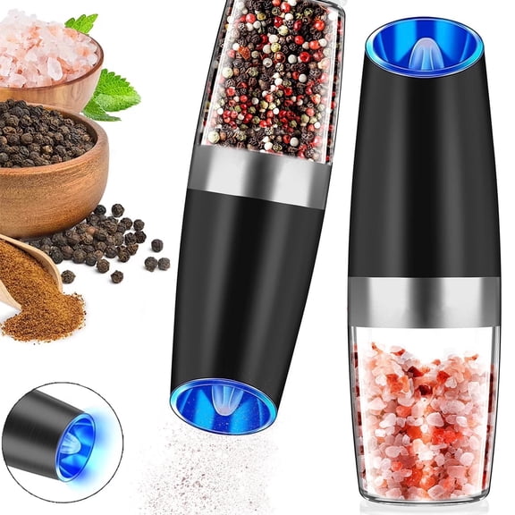 Electric Pepper and Salt Mill Set, Coarseness Adjustable, Automatic Gravity Salt and Pepper Mill, Battery-Powered Salt and Pepper Shaker with LED Light, 2-Piece Set (Black)