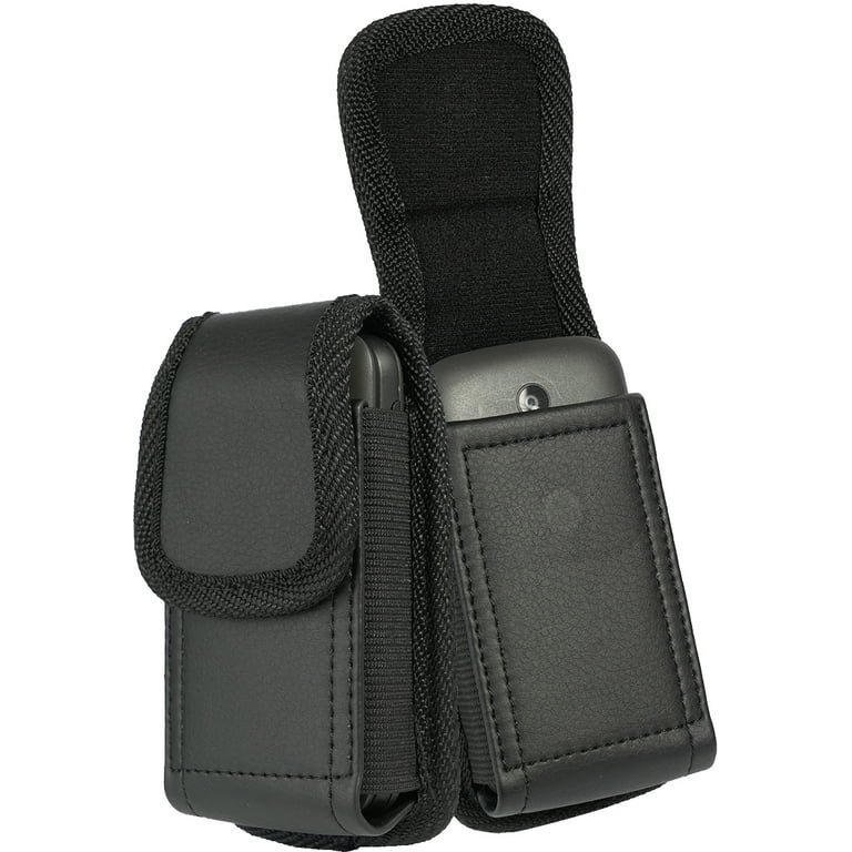 Universal Flip Phone Case Nakedcellphone Black Vegan Leather Vertical Pouch Nylon Trim with Belt Loop Metal Clip Magnetic Closure for Cingular