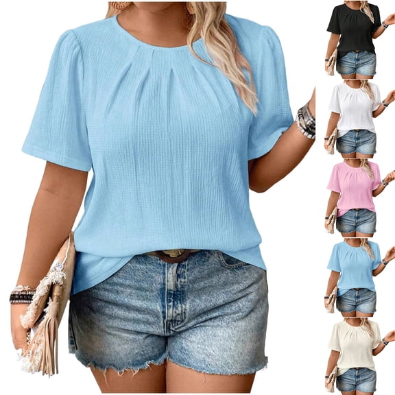Women's Summer Short Sleeve Round Neck Loose Fit Pullover Tops Shirts Blouses Solid Color Pleated Casual Daily Wear Vacation Outfits Fashion Essential Gift for Women | Aestivo,Beige L