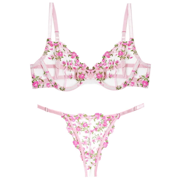 Ausing Womens Bra Set 2 Piece Matching Underwear and Bra Lace Mesh V Neck Push Up Bralettes Strappy Floral Embroidered Breathable Underwear Pink S