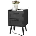 thumbnail image 4 of Finnhomy Nightstand with Charging Station, Bedside Table with Rattan Drawers, Full Black, Set of 2, 4 of 6