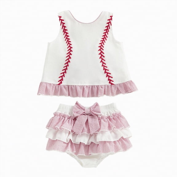 mgoYE Baby Girl Clothes 3-6 Months Newborn Baby Girl Baseball Outfit Cute Baseball Embroidery Tank Tops Ruffle Shorts Skirts Set 2Pcs Sports Clothes(White,3-6 Months)