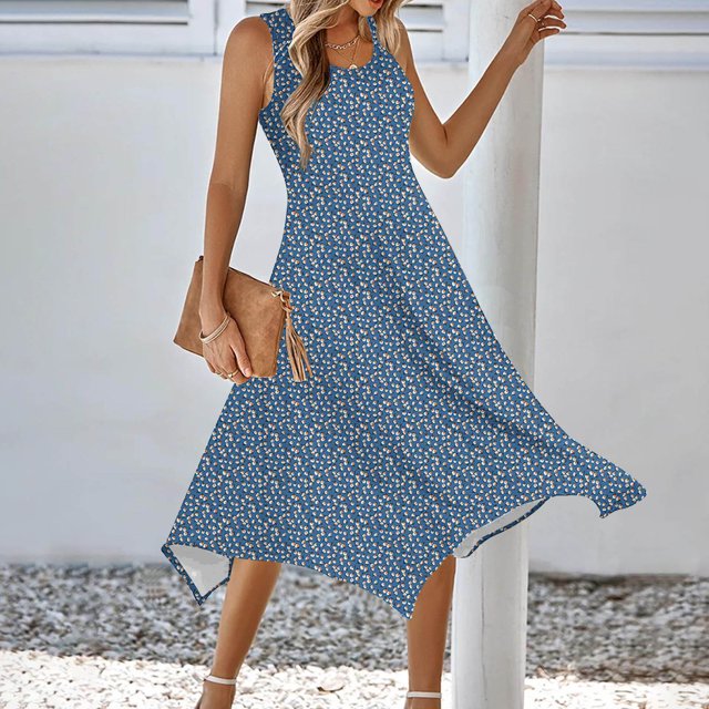 Ovzne Robes pour Femmes Robe pour Femme Robe Imprimée Sans Manches avec Poche Ourlet Irrégulier Col Rond Robe de Printemps Imprimée Liquidation