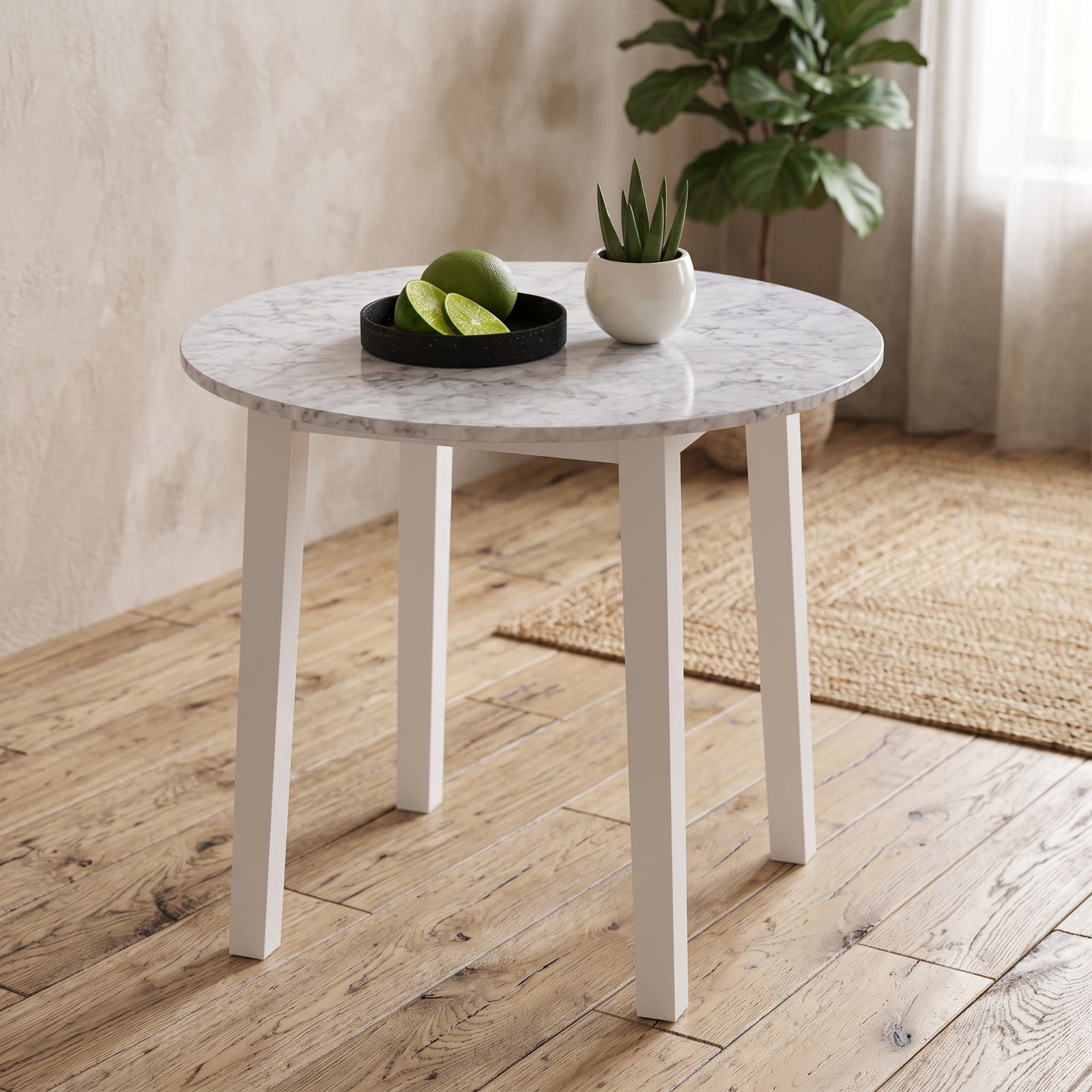Furnibear 35 Inch Round Dining Table, Marble-Textured Veneer Kitchen Table with Rubber Wood Legs for 2-4 People, Small Space Bistro Dinner Table for Kitchen, White