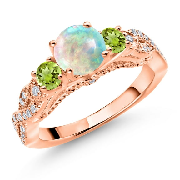 Gem Stone King 18K Rose Gold Plated Silver White Simulated Opal Green Peridot and White Moissanite Engagement Ring for Women (0.81 Ct, Gemstone October Birthstone, Round Cabochon 6MM and 3MM, Size 7)