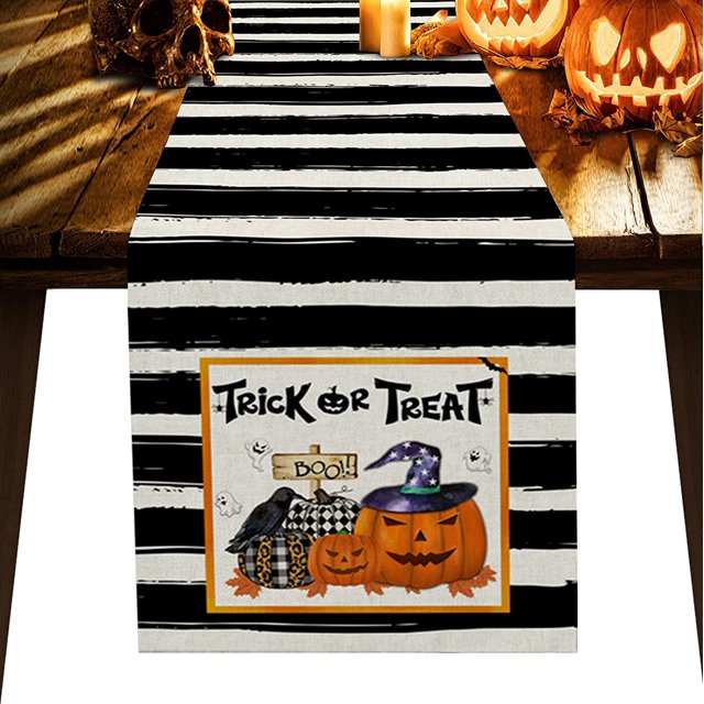 Chemin de Table en Coton et Lin Long Chemin de Mariage 13x72 Pouces Halloween Citrouille Crow sur Rayures Noires Foulard de Commode Chemin de Table Décorations Rustiques Lignes de Table
