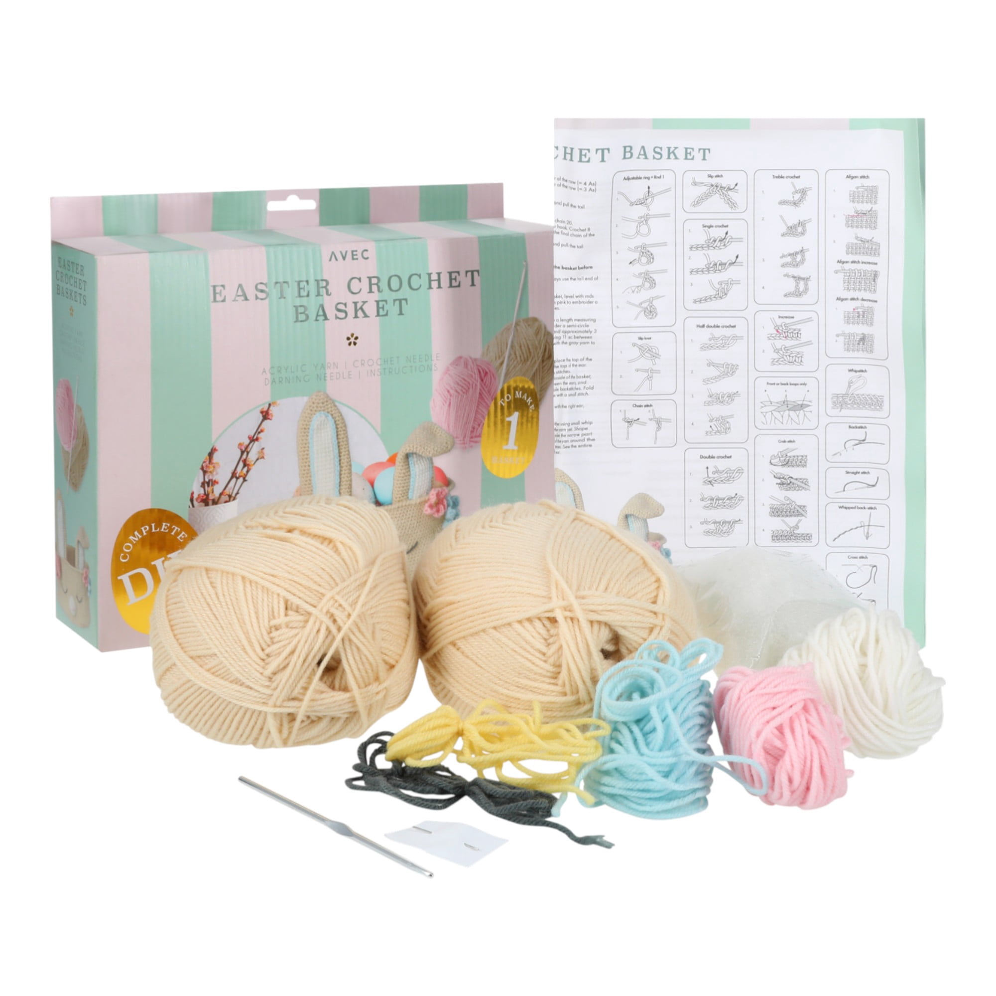 Crochet Easter Basket, Complete DIY Craft Kit, Includes Needle & Yarn