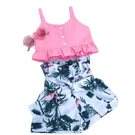 

Cute Flamingo Toddler Baby Girls Pink Vest Crop Tops Flower Shorts Pants Outfits Set Clothes