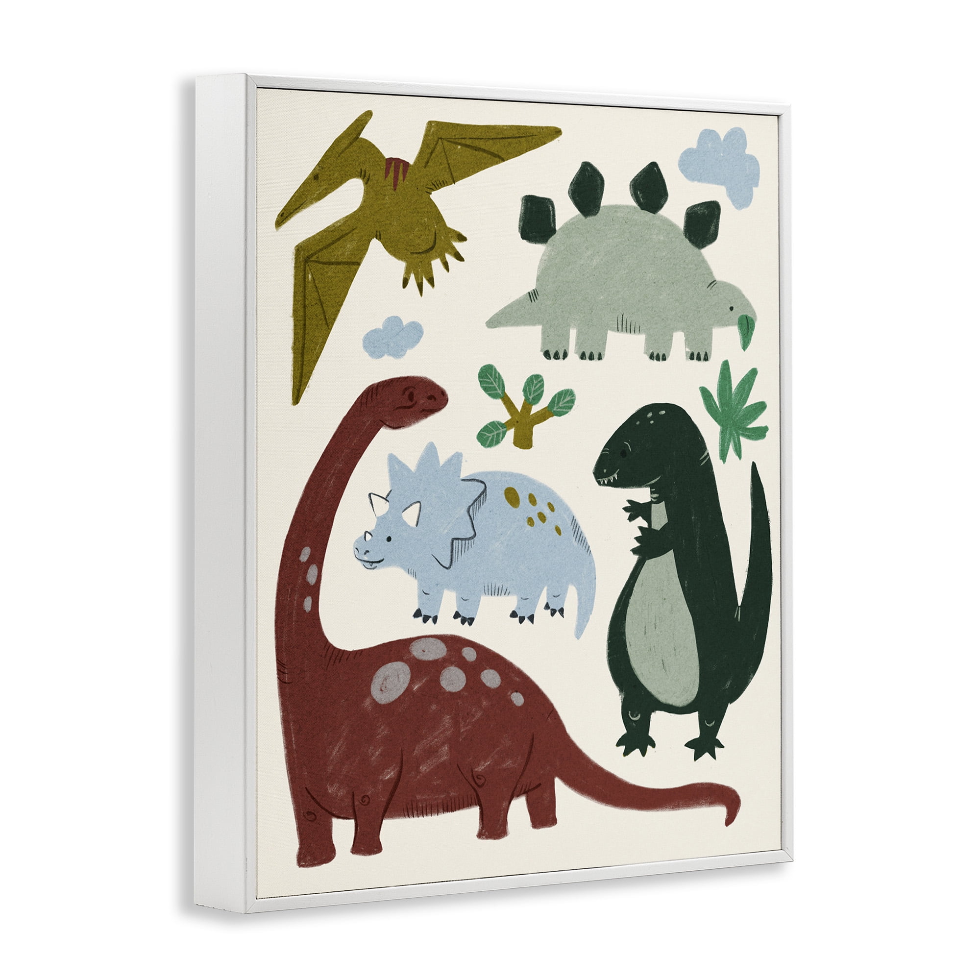 Stupell Industries Colorful Cartoon Dinosaur Friends Animals & Insects Painting White Framed Art Print Wall Art, 16 x 20