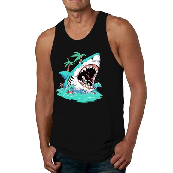 Mens Tank Top Summer Casual Sleeveless Cartoon Shark Print Tees Loose Comfortable Running Summer Beach Lightweight Vest Black L