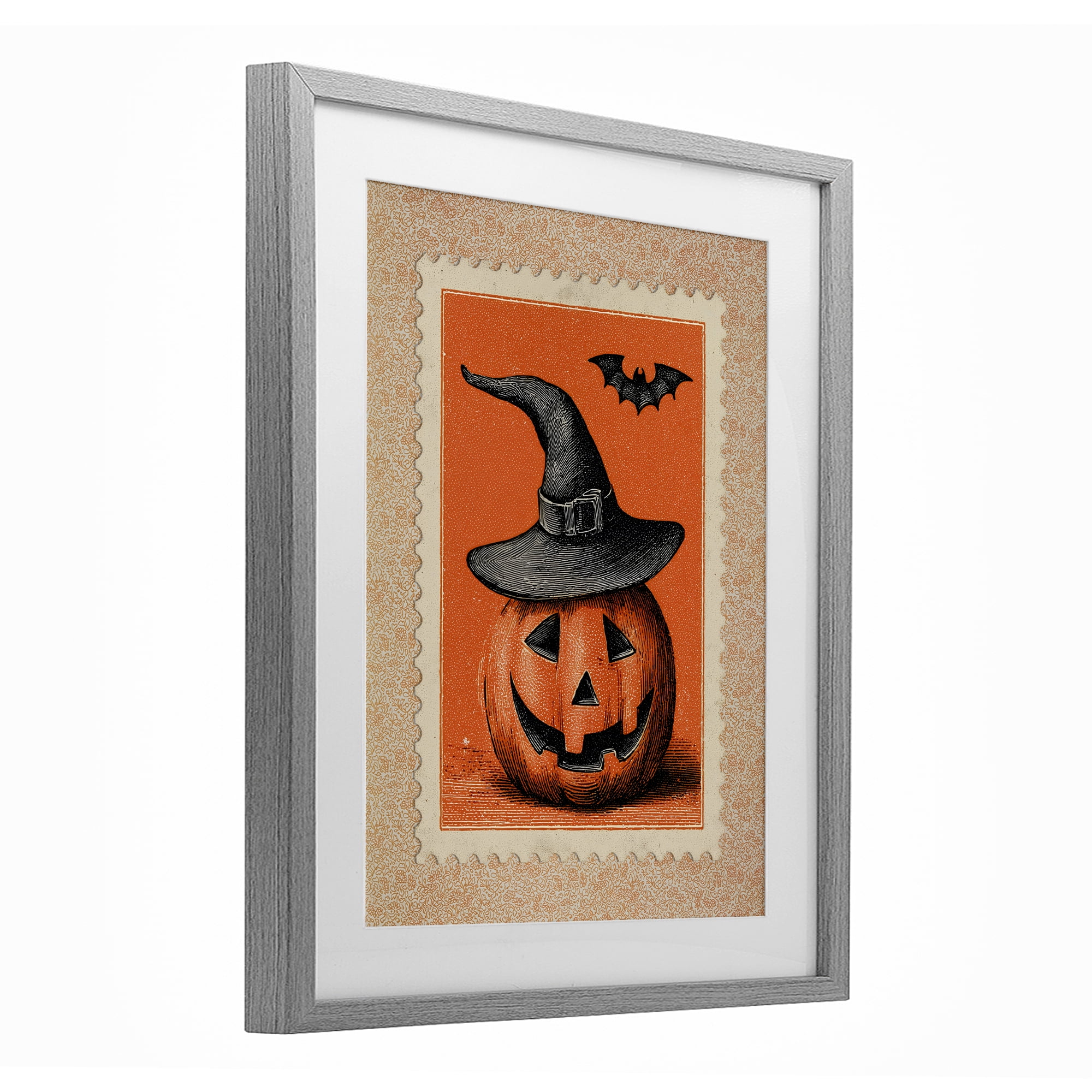 Vintage Jack-o-Lantern Stamp Gray Framed Print Under Glass, design by Arlington Prints