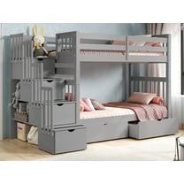 Bedz King Tall Stairway Bunk Beds Twin over Twin with 4 Drawers in the Steps and 2 Under Bed Drawers, Gray