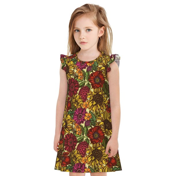 Balery Sunflower Camisón de princesa para niñas, pijama de algodón con mangas abullonadas, suave y bonito.-Large