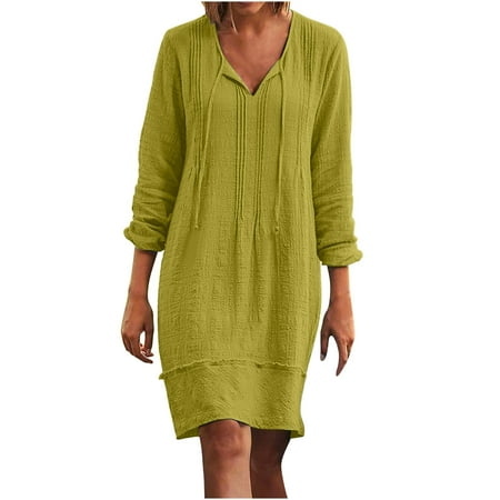 

QIPOPIQ Dresses for Women Deals Women s Fashion Cotton And Linen V-neck Loose Three Quarter Sleeve Solid Knee-High Dress