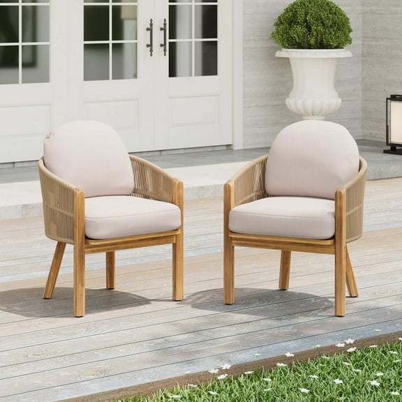 Christopher Knight Home Outdoor Wood Dining Chairs, Woven Hemp Rope Backrest, Linen Cushion, Set of 2